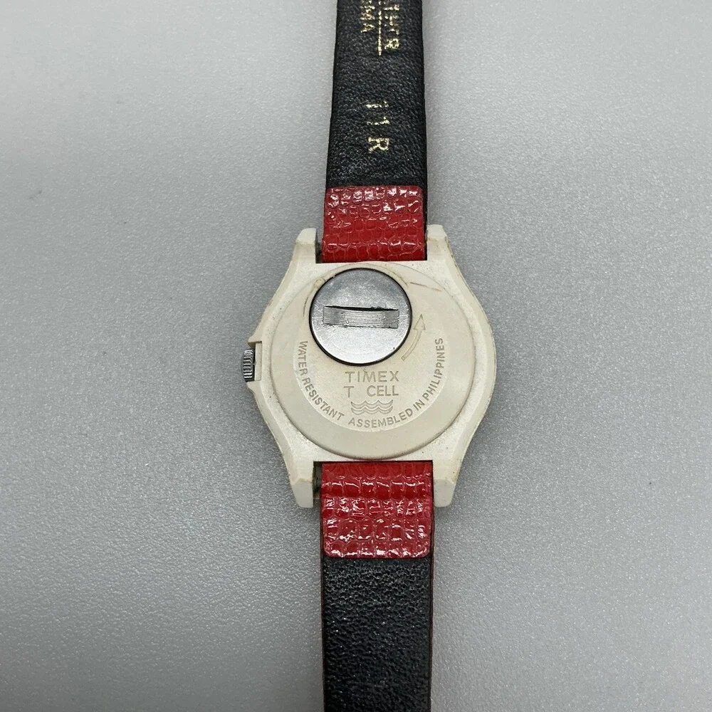 Vintage Timex T Cell Womens Watch 26mm Liberty Flag Dial Red Leather New Battery